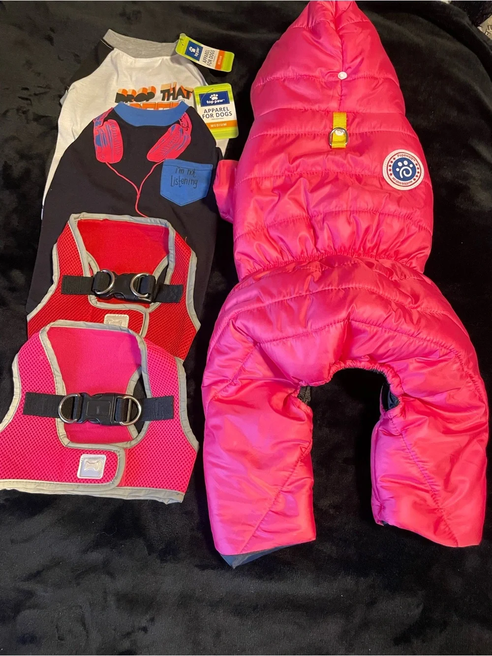 5 pieces Bundle Hot Pink Quilted Dog Jacket-2 waist Harness,2 outfits(small dog)